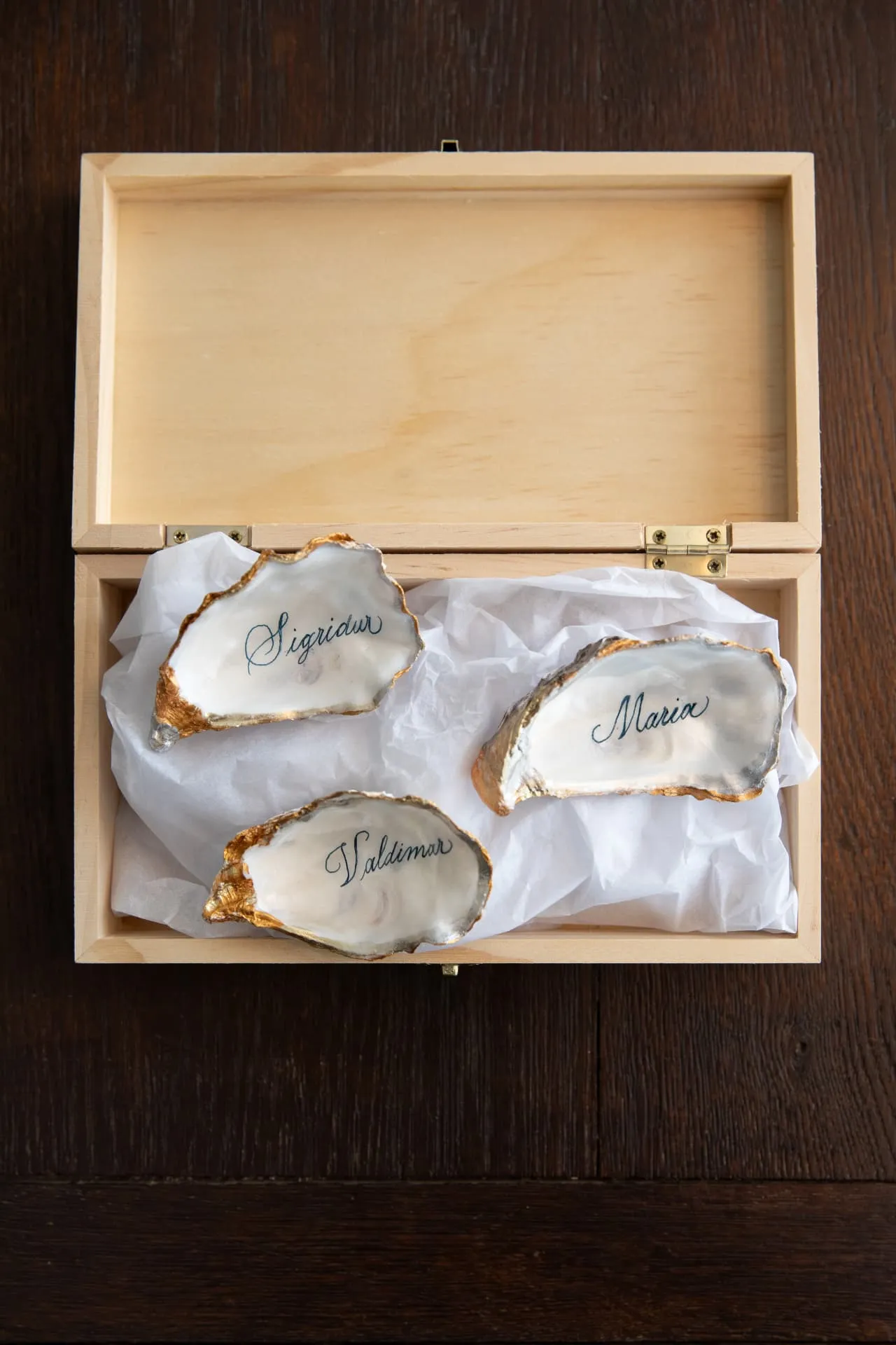 Tricolore Oysters — hand-lettered oyster shells in a wooden gift box